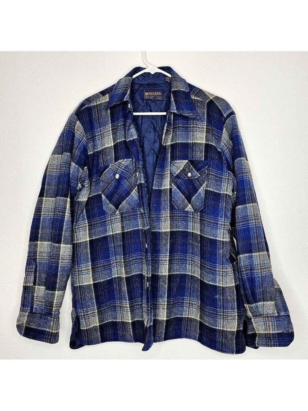 Vintage Woodland Blue Gray Fannel Quilted Jacket Wool Blend Men's Size Large